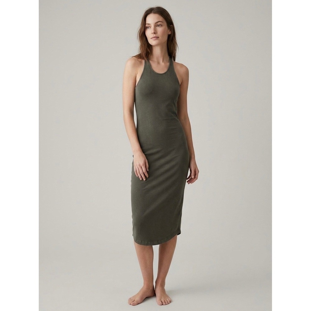 Monrow Ribbed Racerback Midi Dress Olive Green Cotton Stretch XS Made in USA